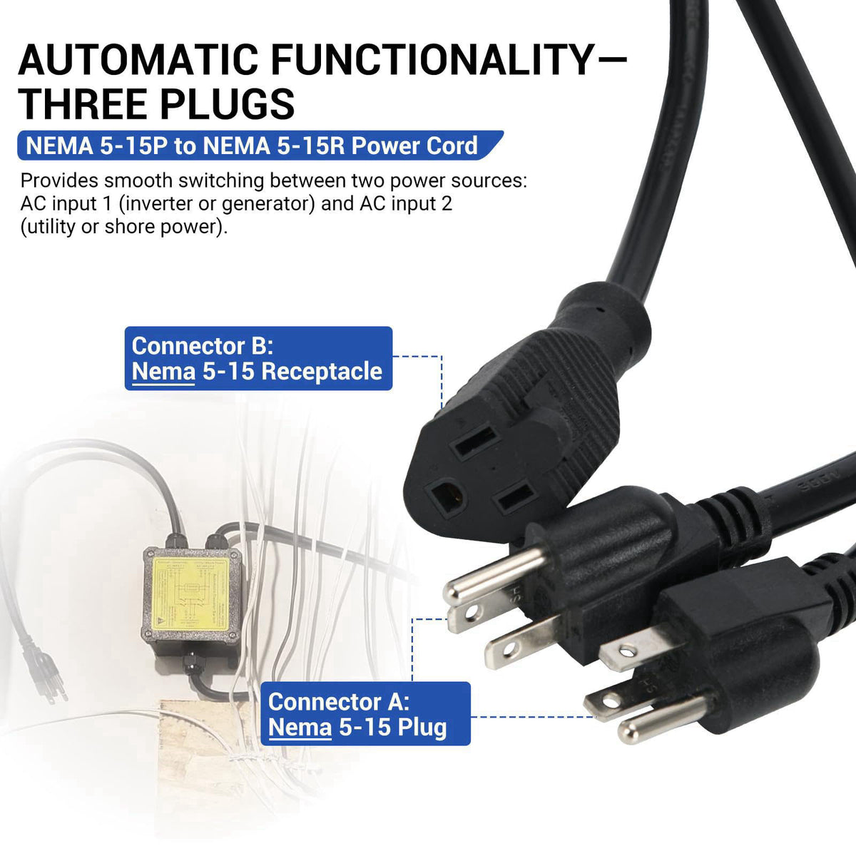 YAURILO AC120V 15Amp Automatic Transfer Switch, Generator ATS Auto Transfer Switch (NEMA 5-15P/R) – back view and specif