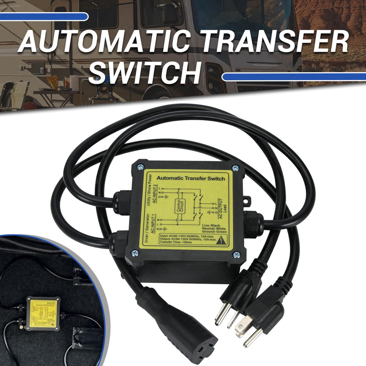 YAURILO AC120V 15Amp Automatic Transfer Switch, Generator ATS Auto Transfer Switch (NEMA 5-15P/R) – alternate angle