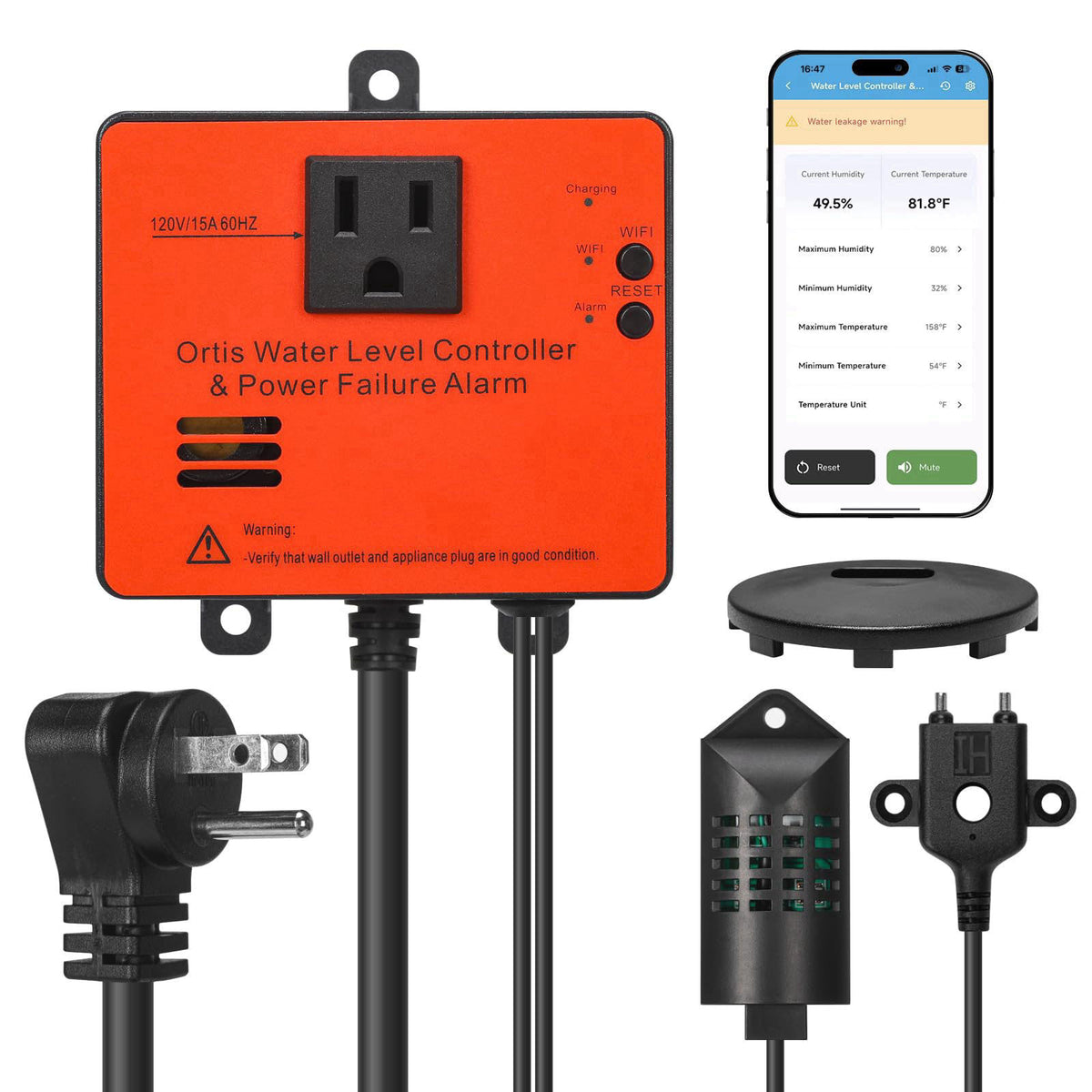 Ortis WiFi Power Failure & Water Leak Alarm, Real-Time Monitoring of Water Level, Temperature & Humidity, 110dB Siren wi