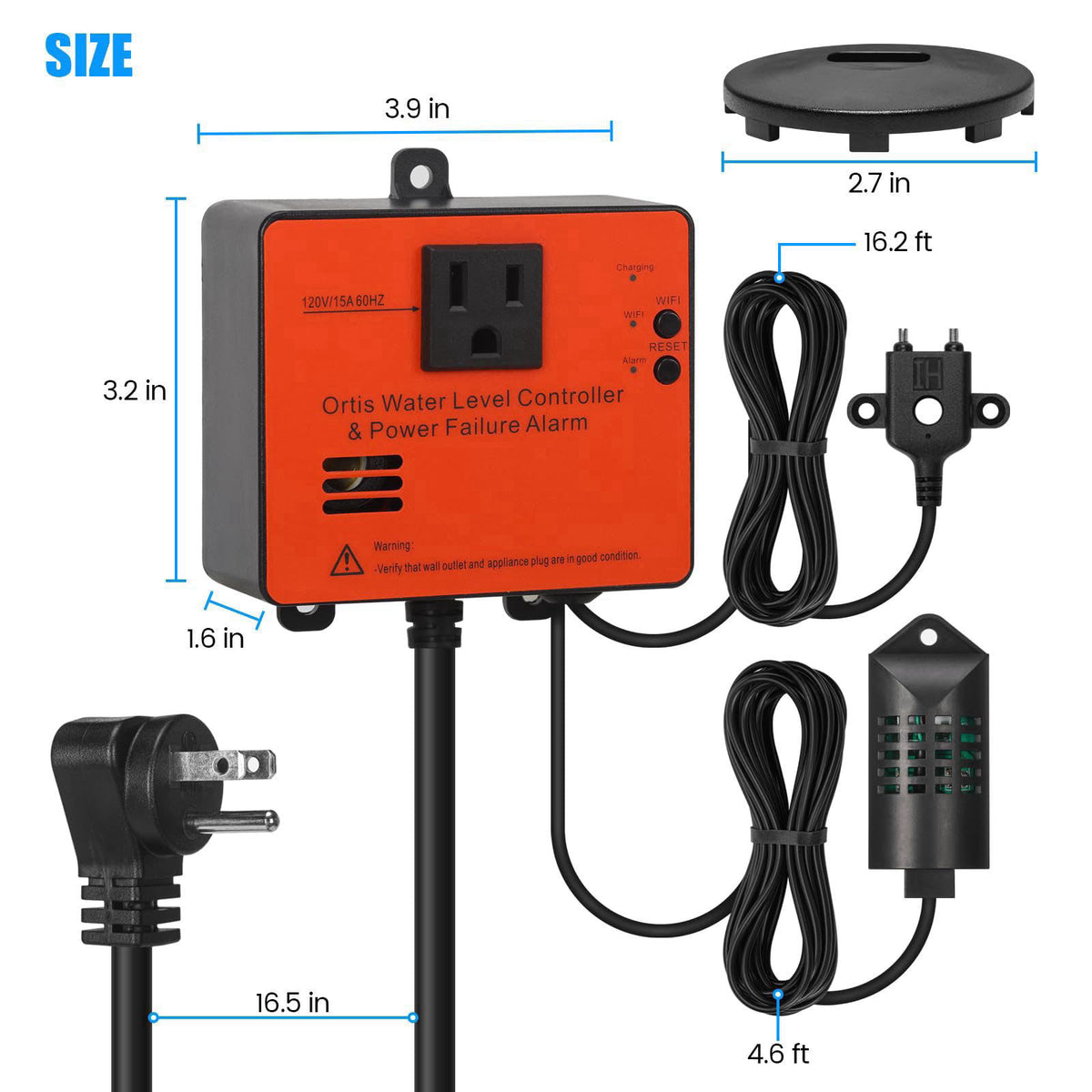 Ortis WiFi Power Failure & Water Leak Alarm, Real-Time Monitoring of Water Level, Temperature & Humidity, 110dB Siren wi