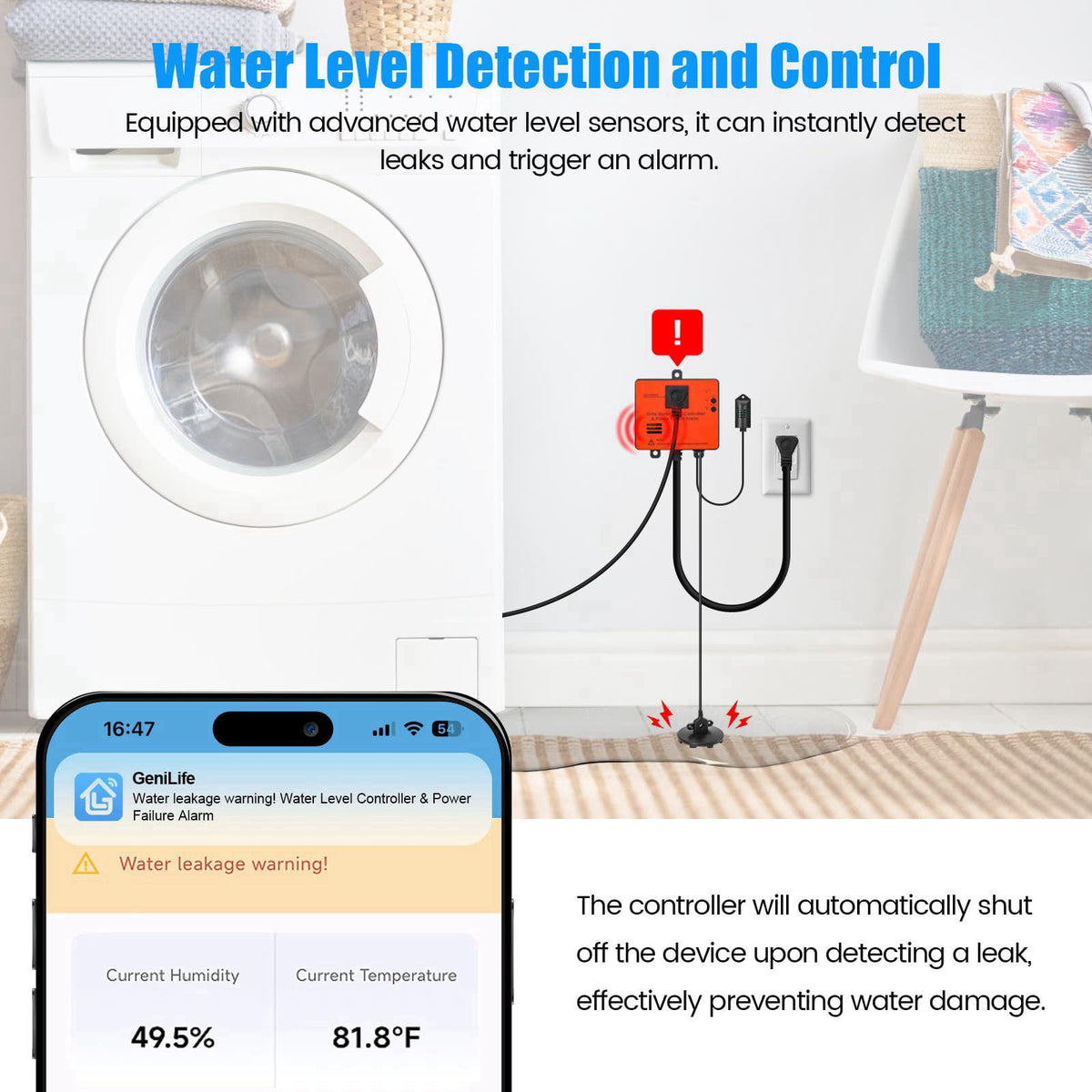 Ortis WiFi Power Failure & Water Leak Alarm, Real-Time Monitoring of Water Level, Temperature & Humidity, 110dB Siren wi