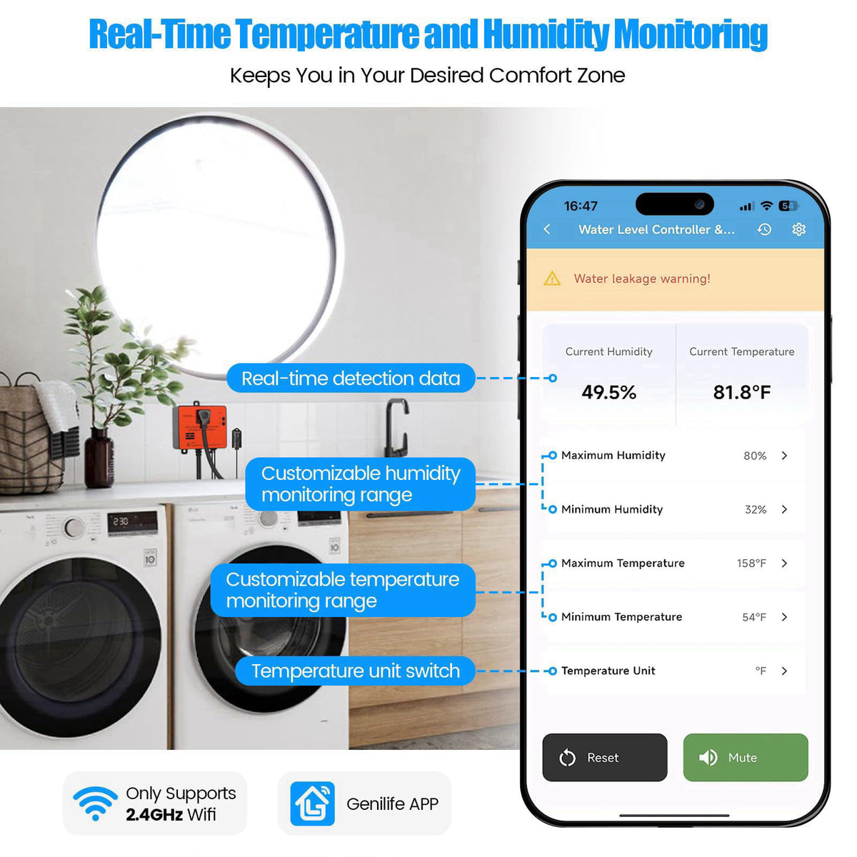Ortis WiFi Power Failure & Water Leak Alarm, Real-Time Monitoring of Water Level, Temperature & Humidity, 110dB Siren wi