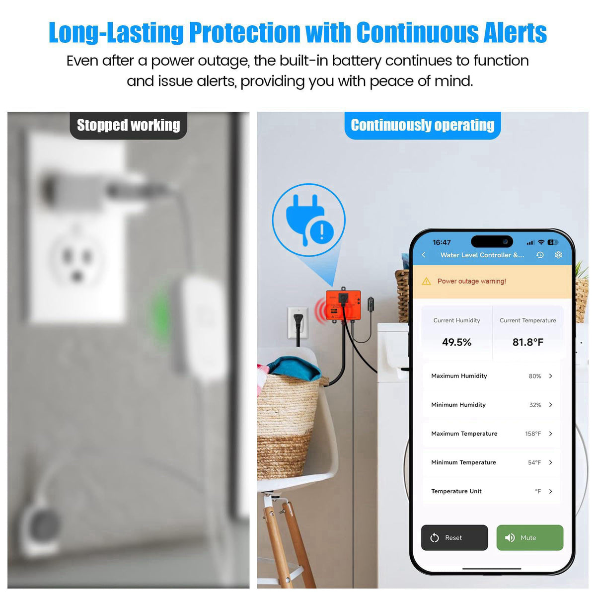 Ortis WiFi Power Failure & Water Leak Alarm, Real-Time Monitoring of Water Level, Temperature & Humidity, 110dB Siren wi