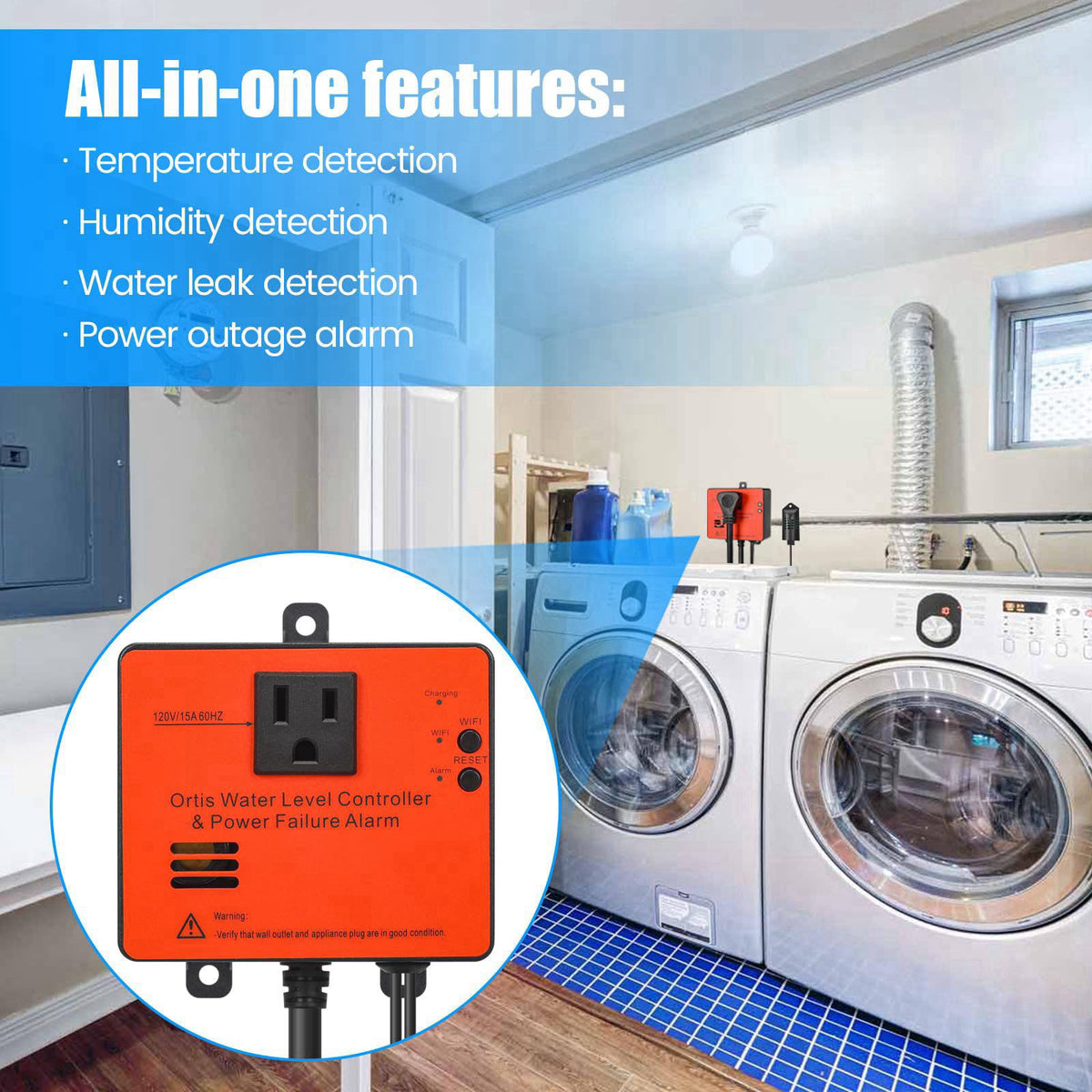 Ortis WiFi Power Failure & Water Leak Alarm, Real-Time Monitoring of Water Level, Temperature & Humidity, 110dB Siren wi