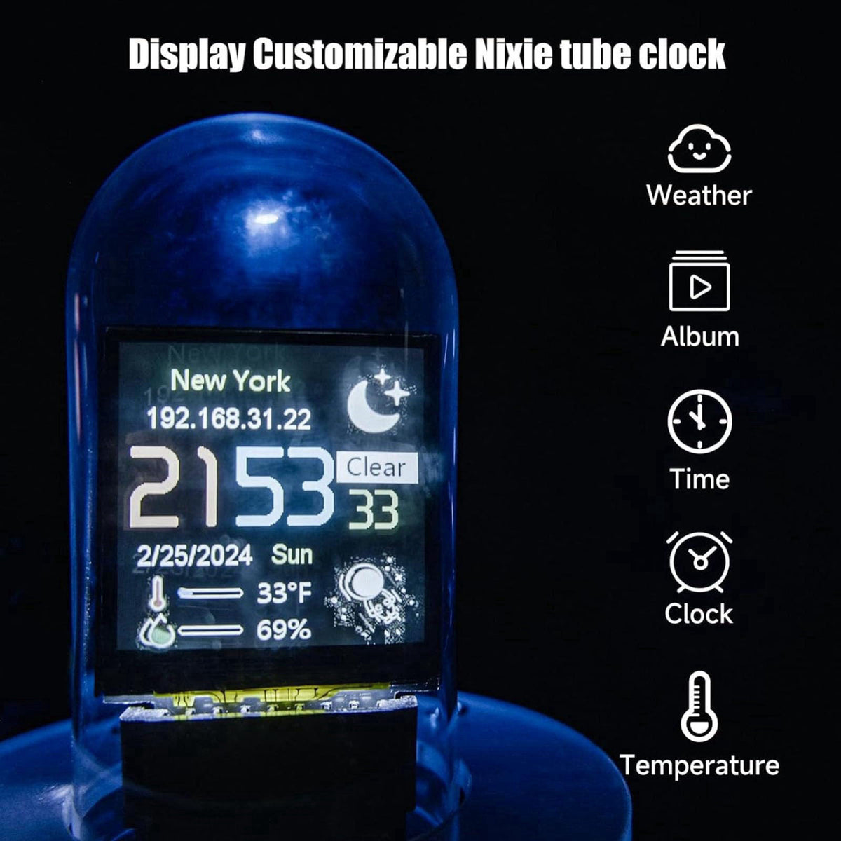 Nixie Tube Clock Simulation, Full Color LCD Screen, Support, Weather Mode, Electronic Album Feature, Easy to Use, 12/24h
