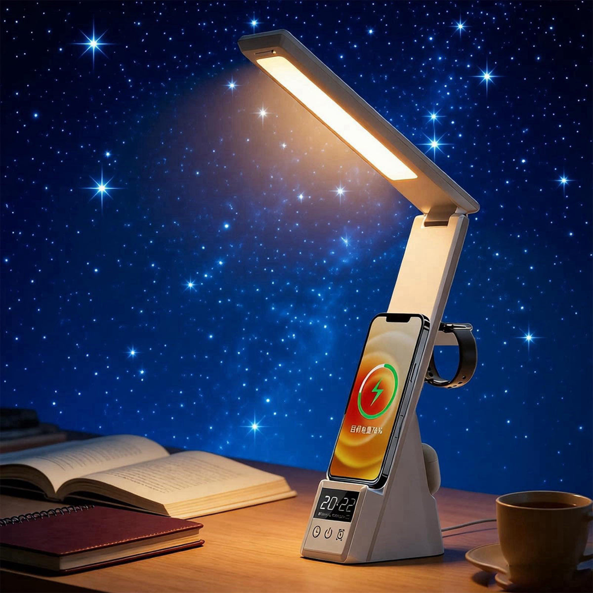 AYI Multi-Functional Wireless Charging Lamp with LED Display, Alarm Clock, 3 Color Light Modes, Foldable & Portable, 15W