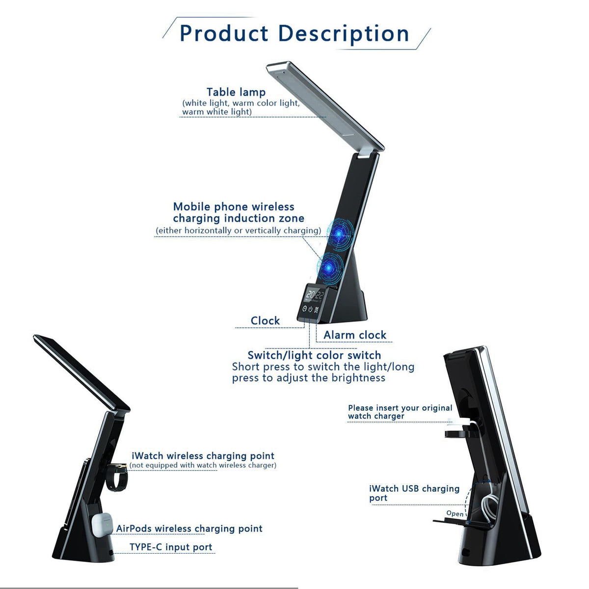 AYI Multi-Functional Wireless Charging Lamp with LED Display, Alarm Clock, 3 Color Light Modes, Foldable & Portable, 15W