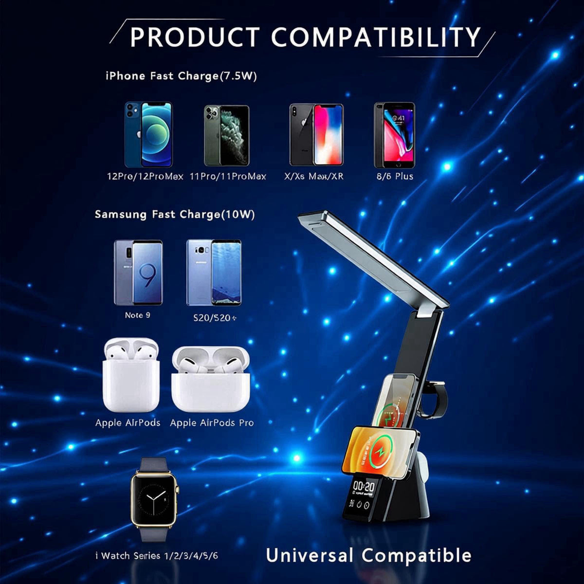 AYI Multi-Functional Wireless Charging Lamp with LED Display, Alarm Clock, 3 Color Light Modes, Foldable & Portable, 15W