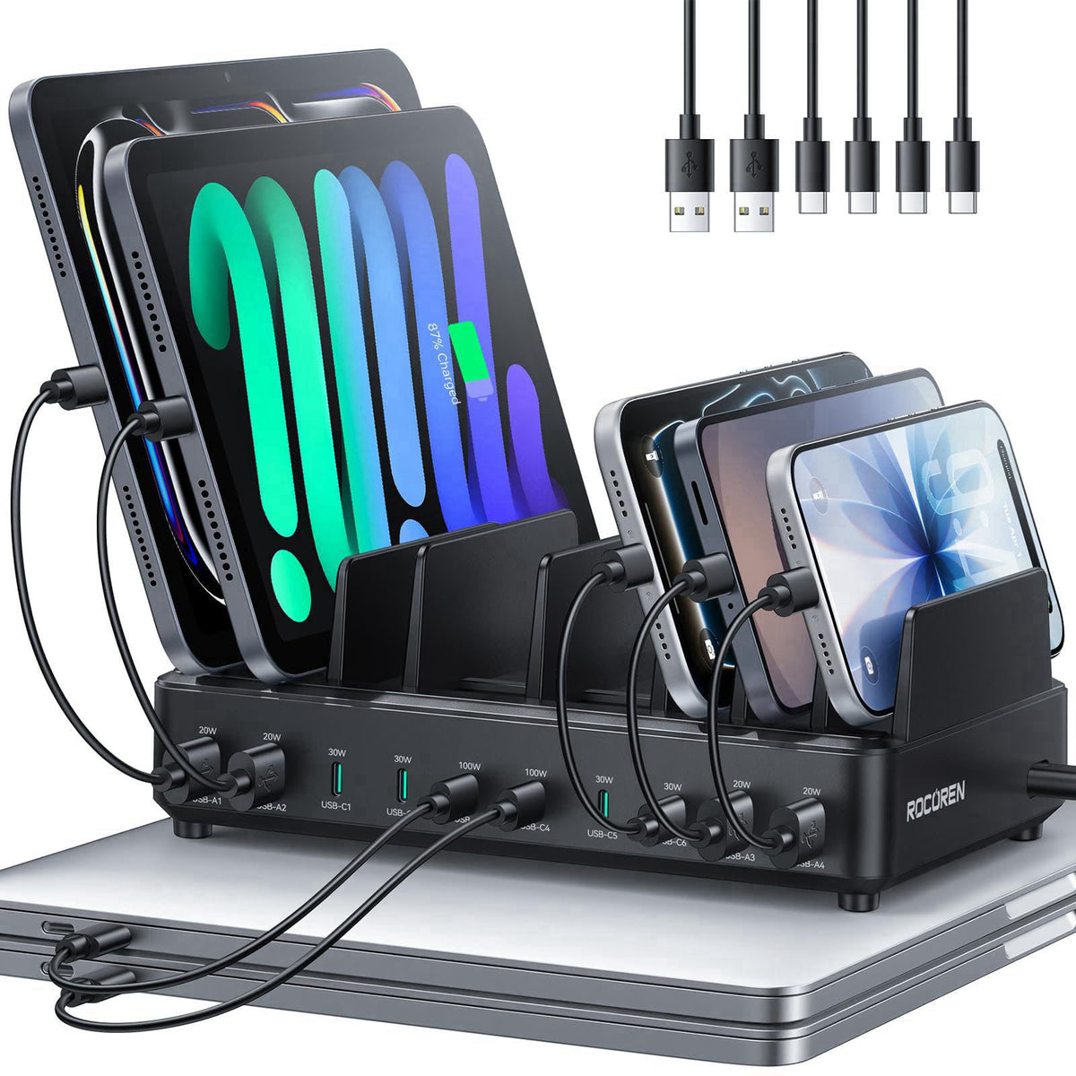 Rocoren 400W 10‑Port Charging Station,Dual PD 100W Dock w/ 6 Cables – alternate angle