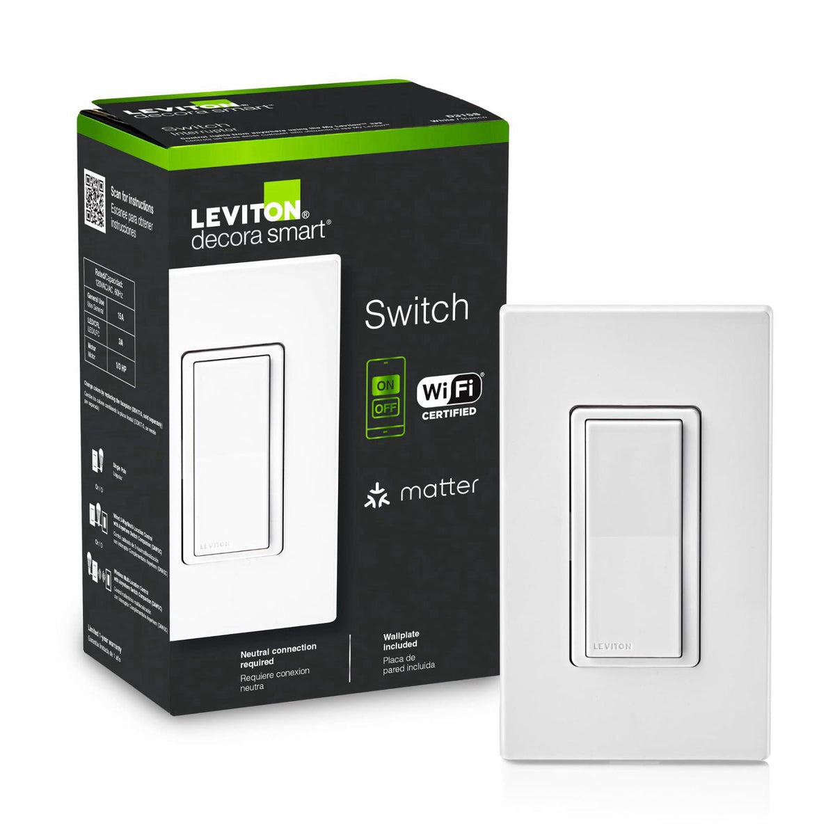 Leviton Decora Smart Switch, Wi-Fi, D315S-1RW, White – product photo (Dimmer Switches)
