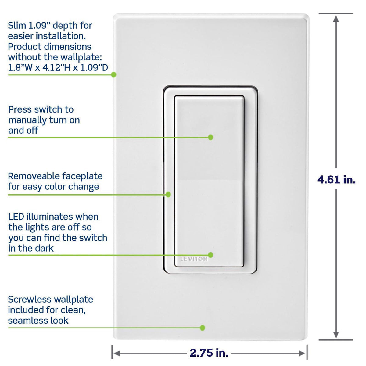 Leviton Decora Smart Switch, Wi-Fi, D315S-1RW, White – full view, size 2.75 x 4.61 inches