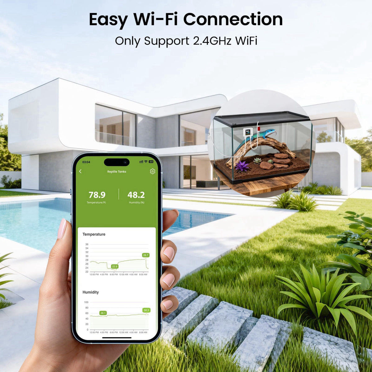MOCREO WiFi Reptile Thermometer Hygrometer, Waterproof Probe, App Alerts – close-up detail