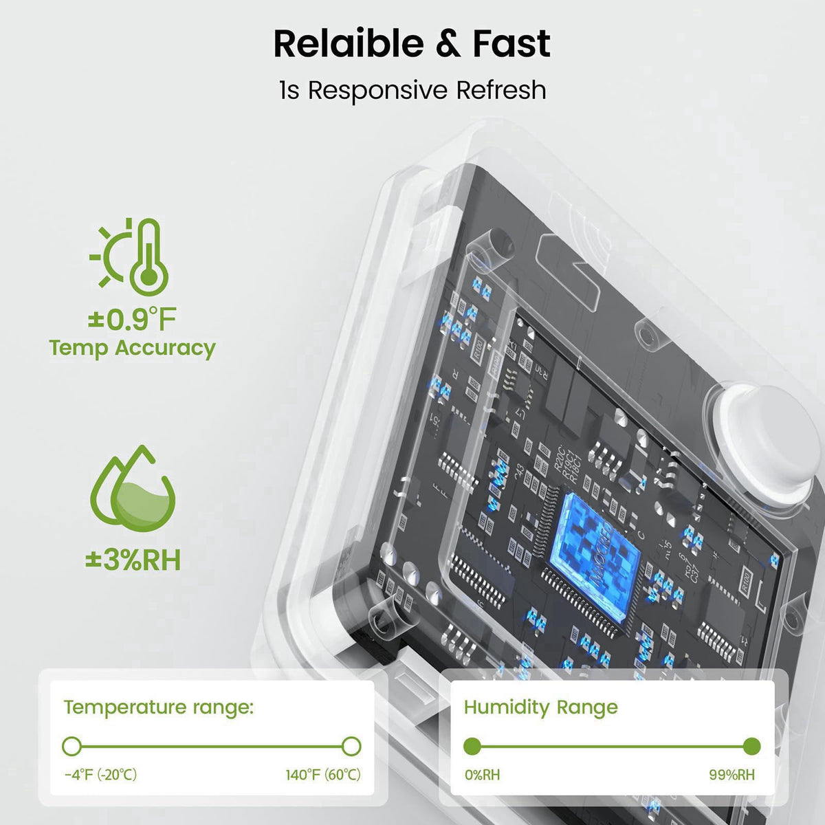 MOCREO WiFi Reptile Thermometer Hygrometer, Waterproof Probe, App Alerts – back view and specifications