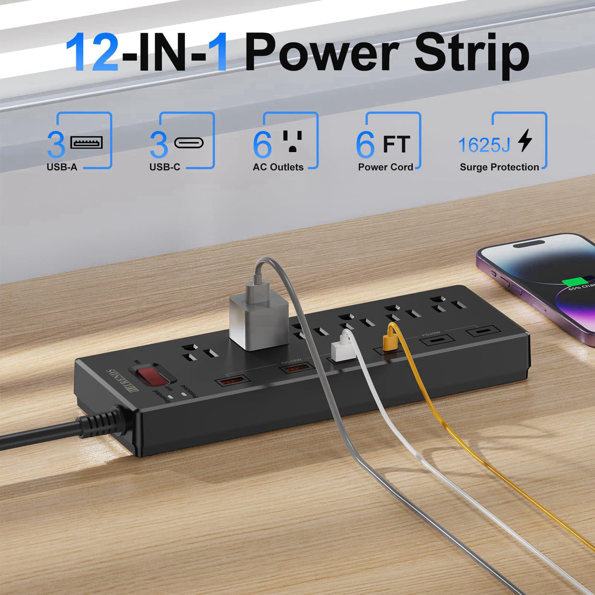 Power Strip with USB C Ports, HITRENDS Surge Protector with 6 AC Outlets & 6 USB Ports (3 USB C & 3 USB A), 20W PD Fast 