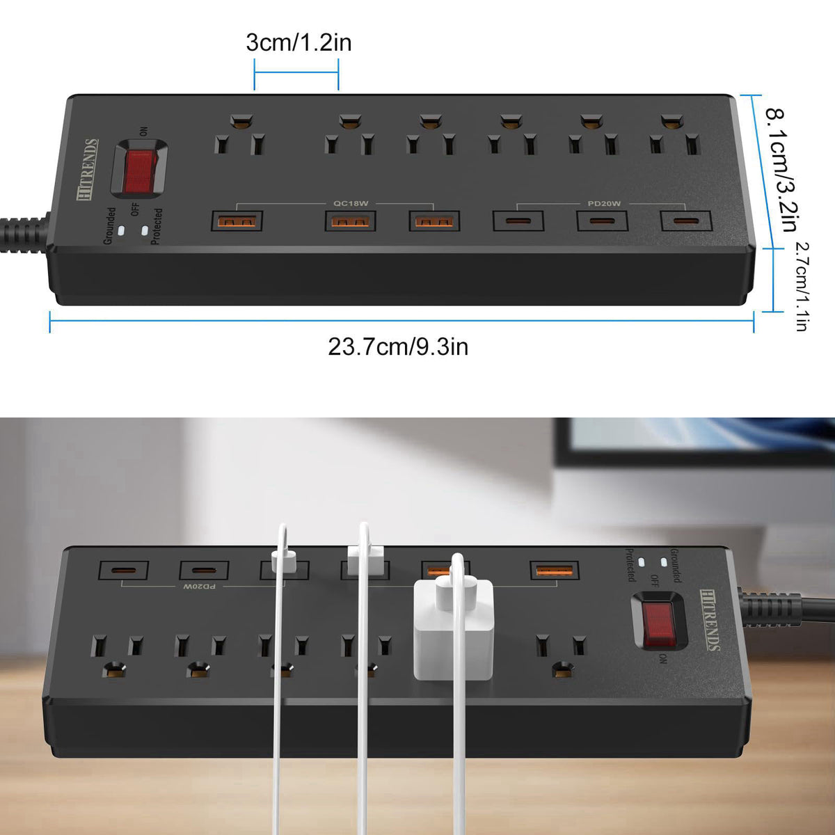 Power Strip with USB C Ports, HITRENDS Surge Protector with 6 AC Outlets & 6 USB Ports (3 USB C & 3 USB A), 20W PD Fast 