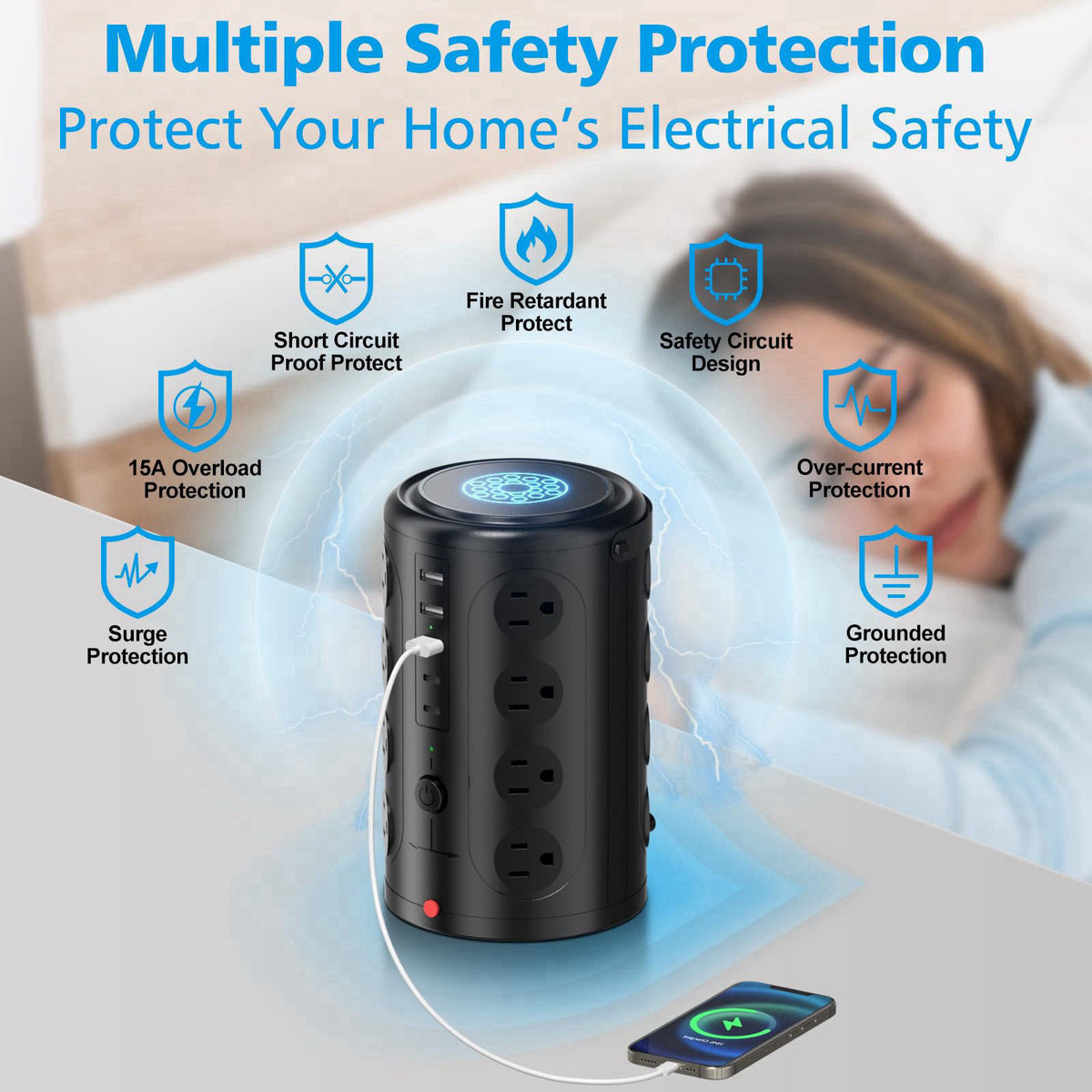 UWIWUTEI Surge Protector Power Strip,Desk Charging Station with 15W Wireless Charger, Multiple Outlets Charging Station 