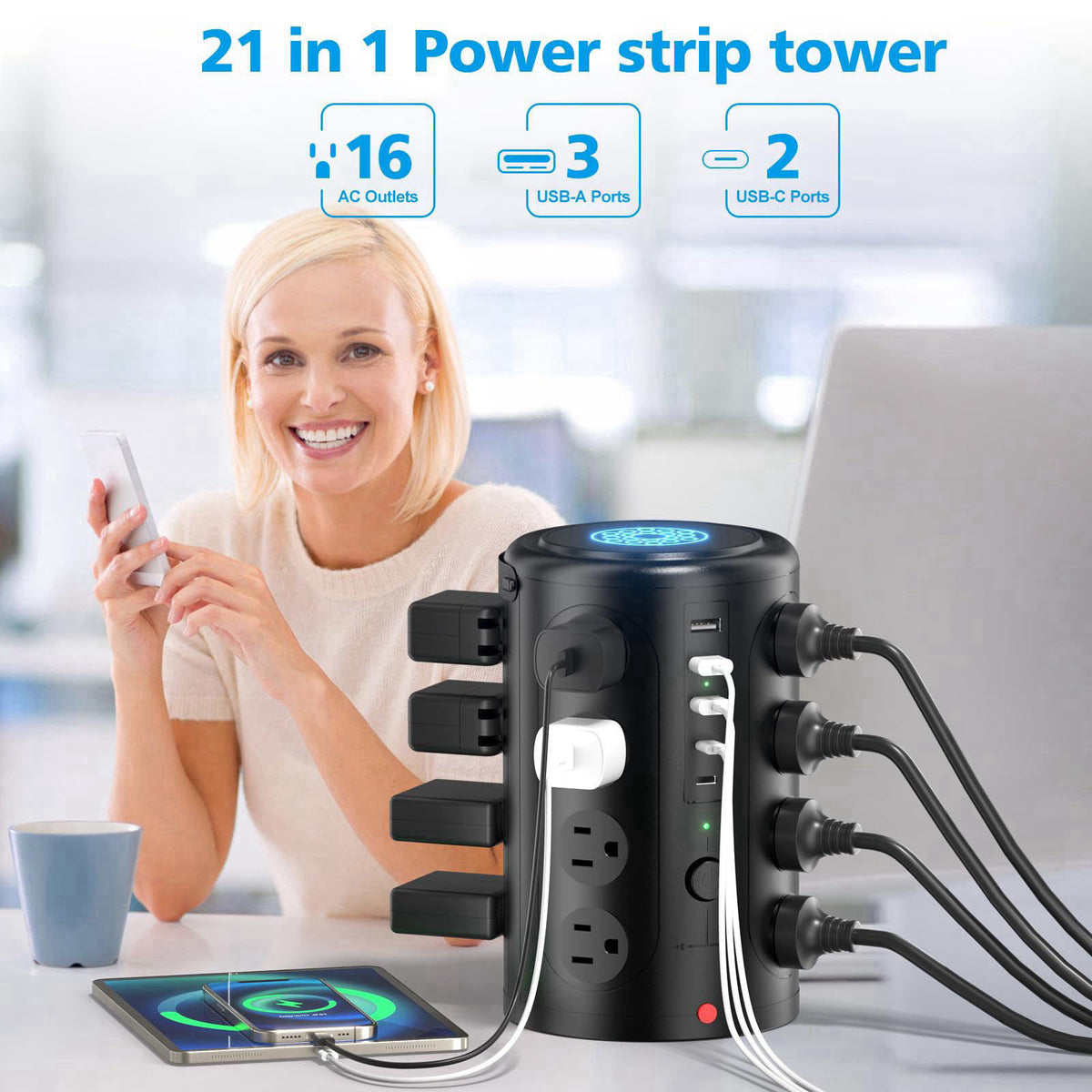 UWIWUTEI Surge Protector Power Strip,Desk Charging Station with 15W Wireless Charger, Multiple Outlets Charging Station 