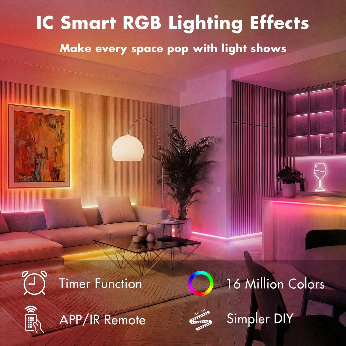 ERBTY 50FT RGB IC LED Strip Light, Led Lights for Bedroom, Smart Control – full view