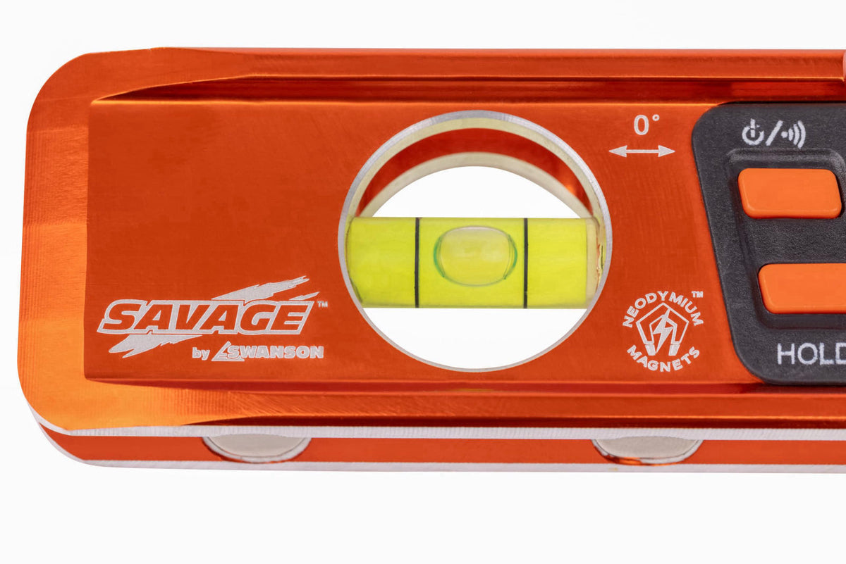 Swanson Tool Co SVT200 9 Inch Savage Digital Magnetic Aluminum Billet Torpedo Level,Orange – back view and specification