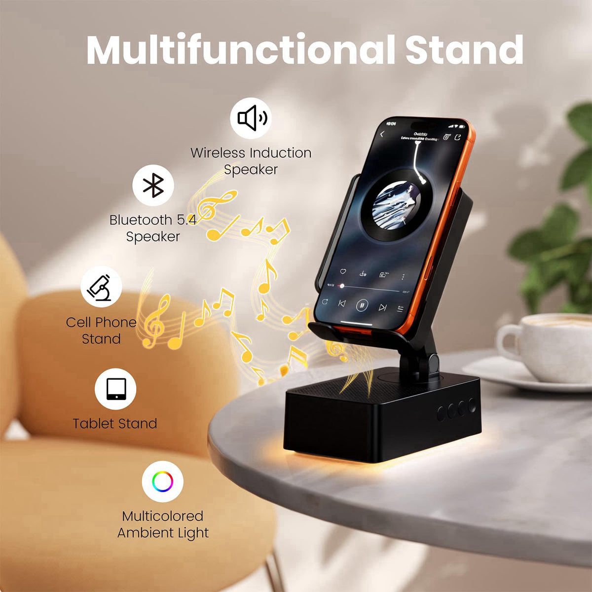 DBHBAODZI Wireless Sensor Speaker, Colorful LED Ambient Light; Foldable and Adjustable Phone Holder, Compatible with iPh
