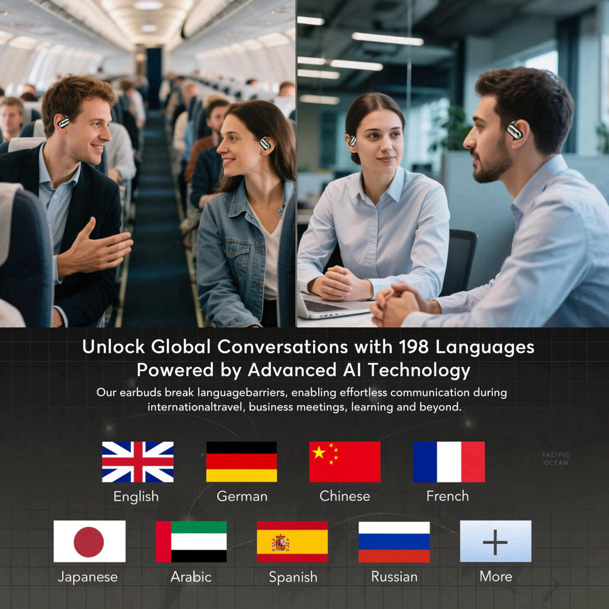 Mokseev AI Translation Earbuds-198 Languages, Sport Open Ear Translator Earphones – back view and specifications