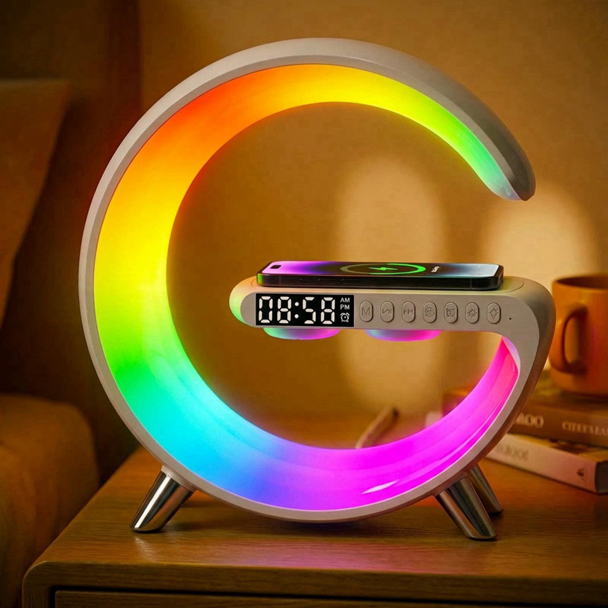 Hirsionsan Smart LED Table Lamp Alarm Clock for Bedroom with Wireless Charging Bluetooth Speaker, App Controlled Night L