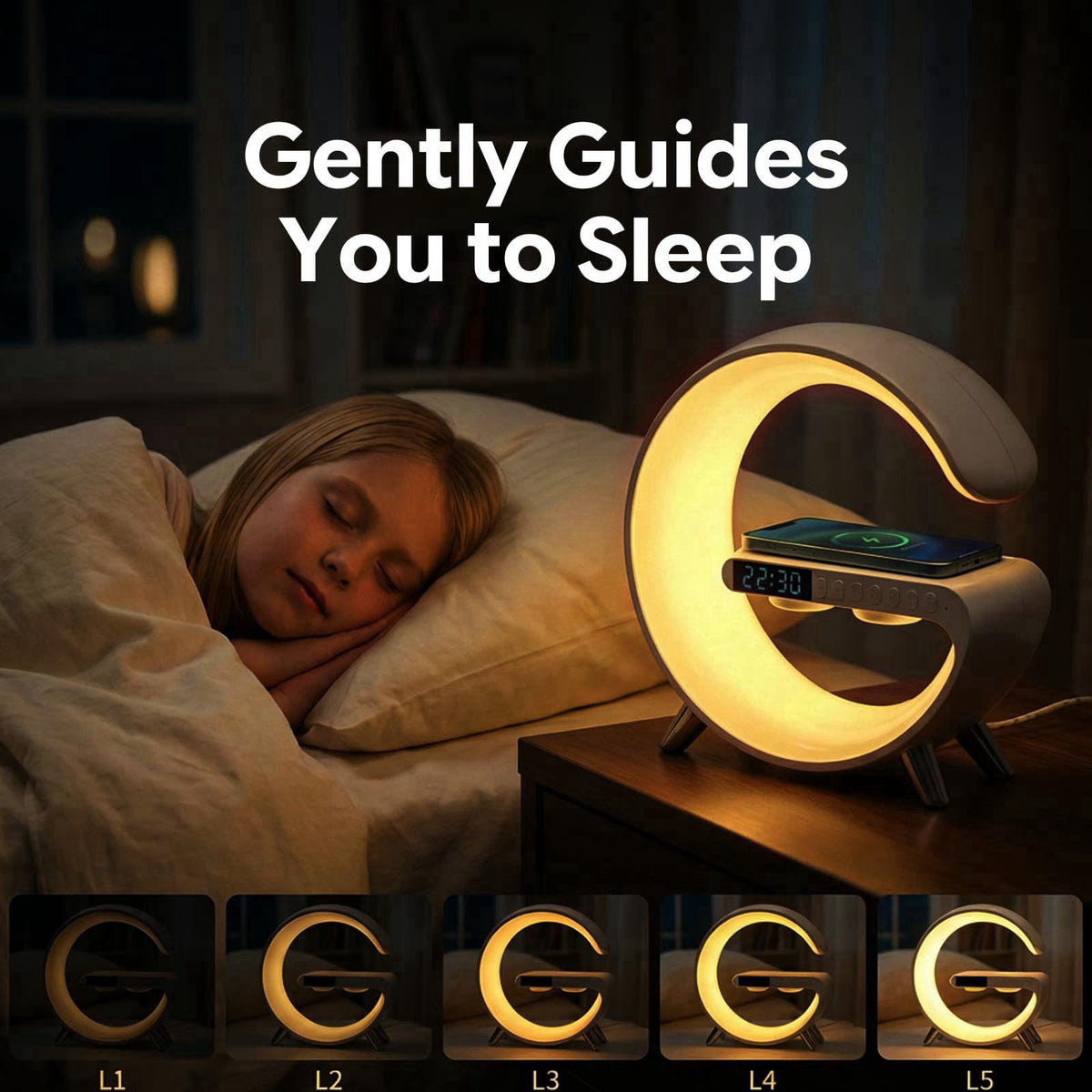 Hirsionsan Smart LED Table Lamp Alarm Clock for Bedroom with Wireless Charging Bluetooth Speaker, App Controlled Night L