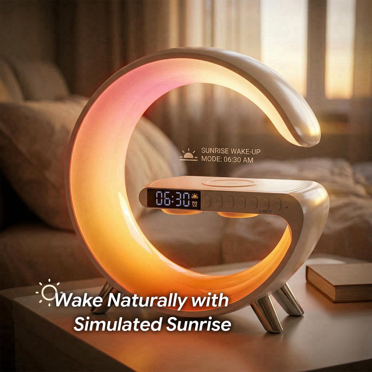 Hirsionsan Smart LED Table Lamp Alarm Clock for Bedroom with Wireless Charging Bluetooth Speaker, App Controlled Night L