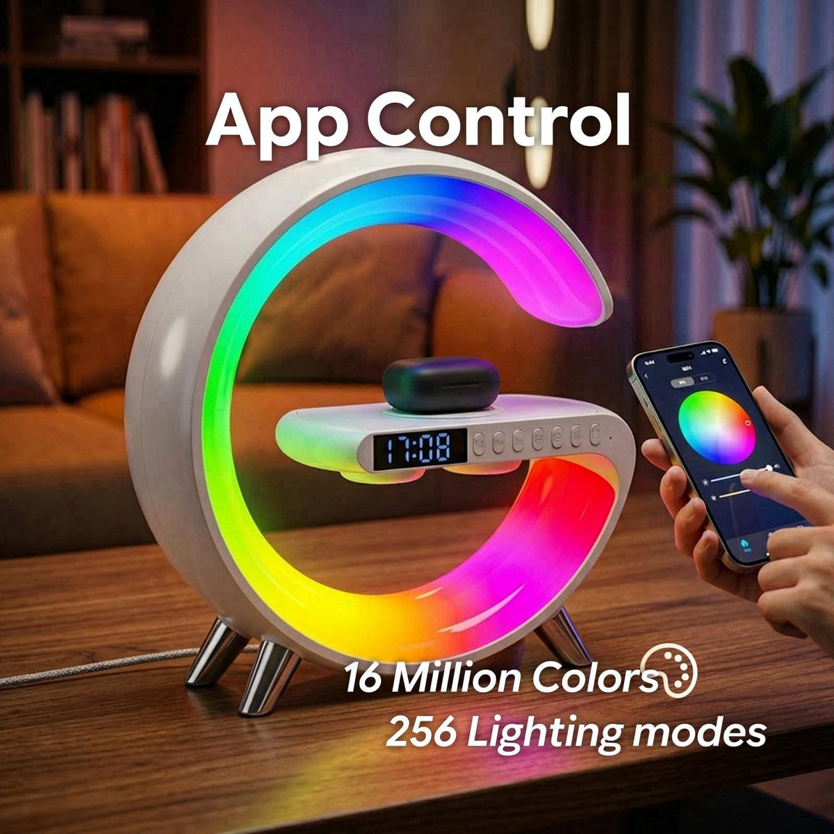 Hirsionsan Smart LED Table Lamp Alarm Clock for Bedroom with Wireless Charging Bluetooth Speaker, App Controlled Night L