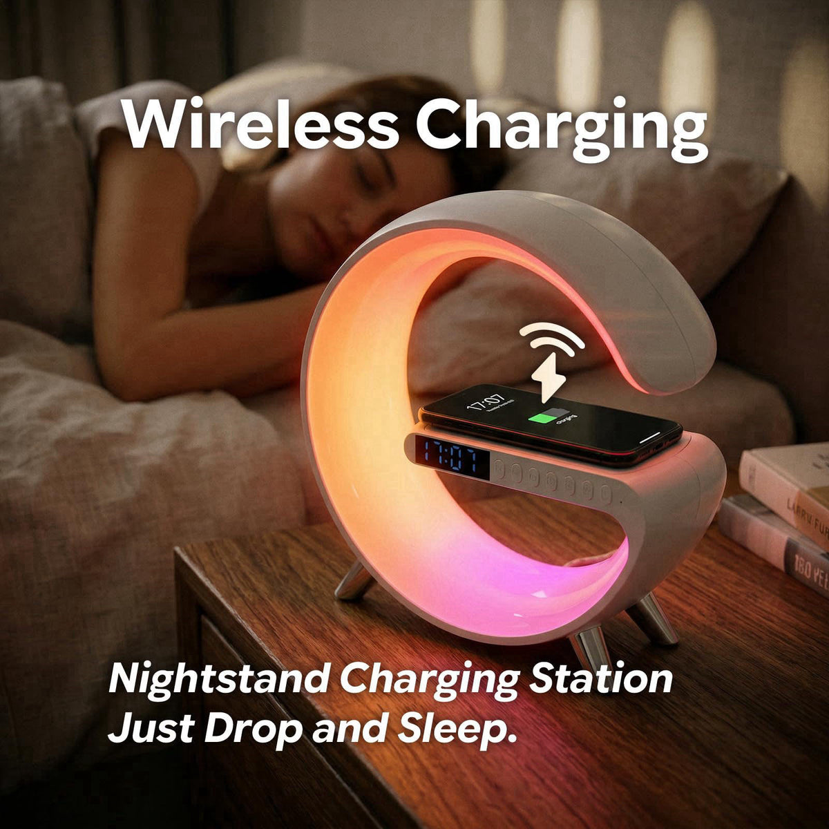Hirsionsan Smart LED Table Lamp Alarm Clock for Bedroom with Wireless Charging Bluetooth Speaker, App Controlled Night L