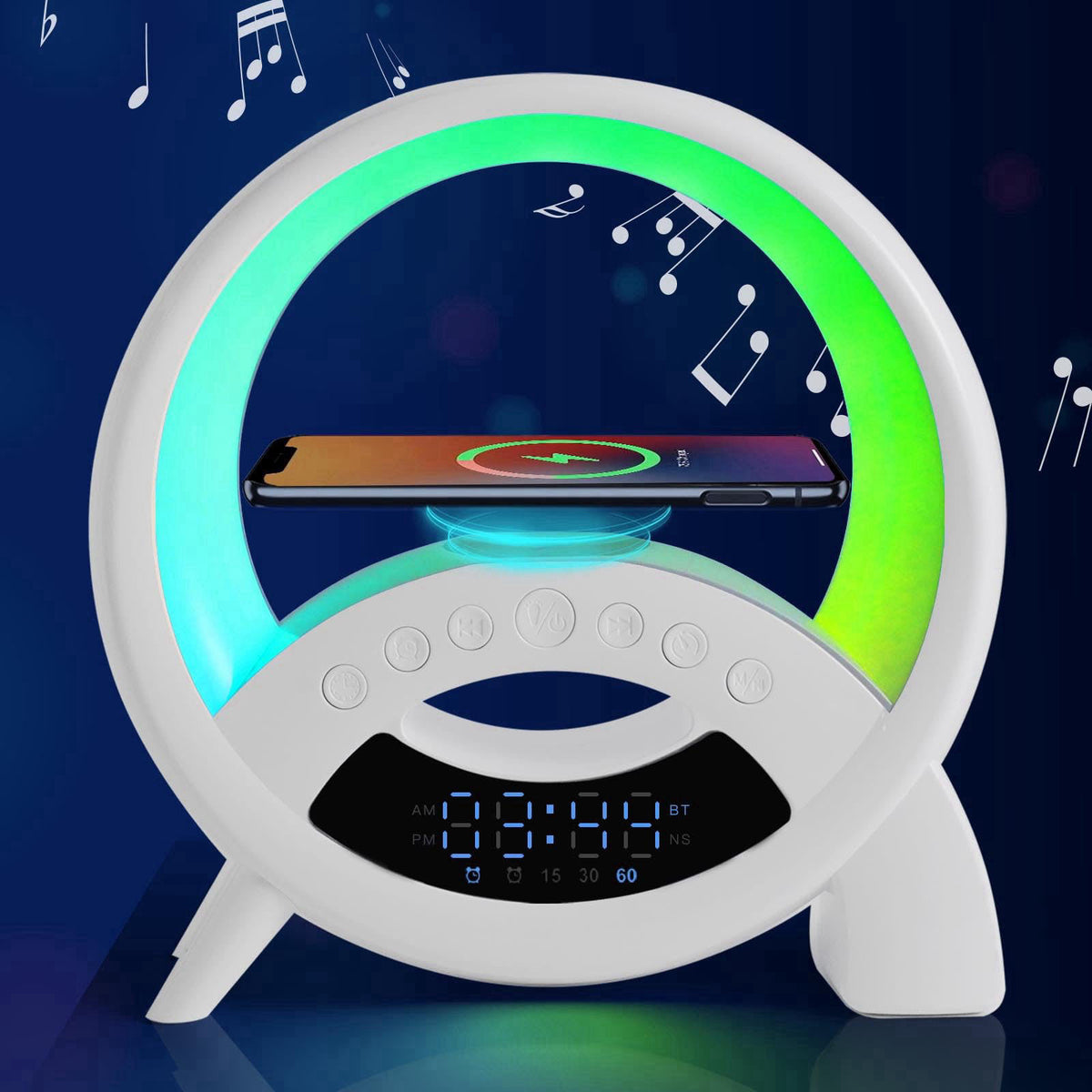 kzalzaci 5-in-1 Atmosphere LED Lamp Inteligent Night Light 15W Wireless Charger, Bluetooth Speaker, Alarm Clock Portable