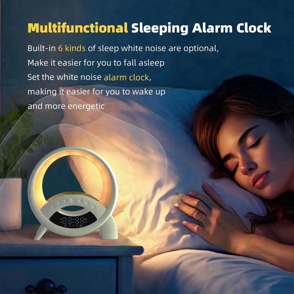 kzalzaci 5-in-1 Atmosphere LED Lamp Inteligent Night Light 15W Wireless Charger, Bluetooth Speaker, Alarm Clock Portable