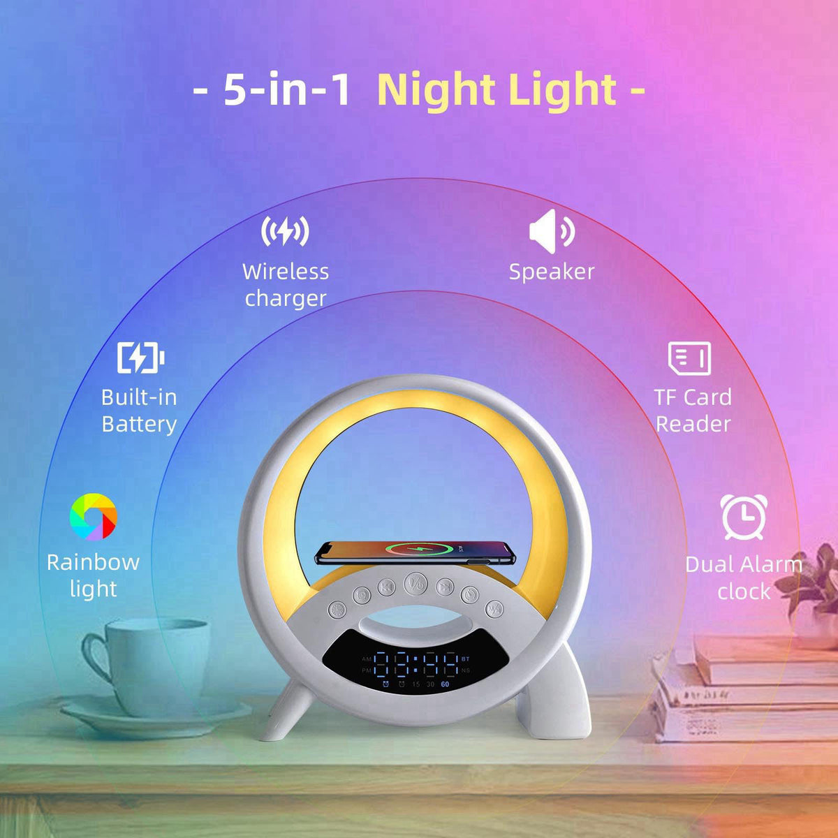 kzalzaci 5-in-1 Atmosphere LED Lamp Inteligent Night Light 15W Wireless Charger, Bluetooth Speaker, Alarm Clock Portable