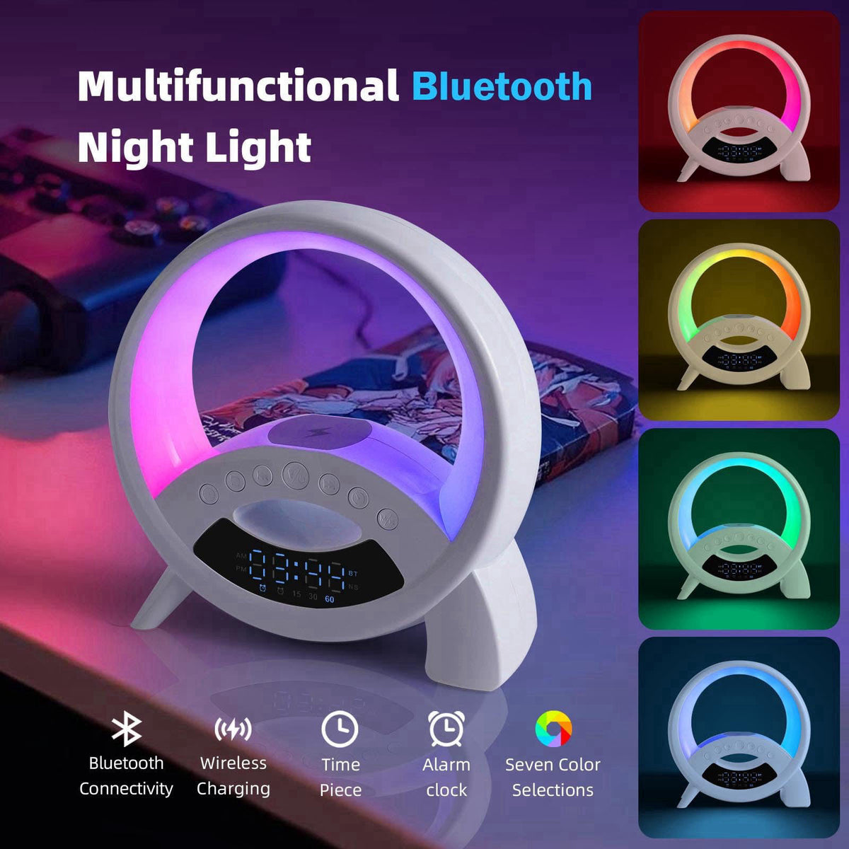 kzalzaci 5-in-1 Atmosphere LED Lamp Inteligent Night Light 15W Wireless Charger, Bluetooth Speaker, Alarm Clock Portable