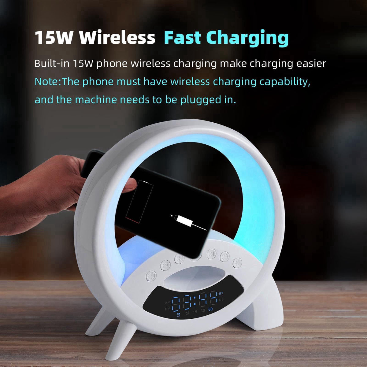 kzalzaci 5-in-1 Atmosphere LED Lamp Inteligent Night Light 15W Wireless Charger, Bluetooth Speaker, Alarm Clock Portable