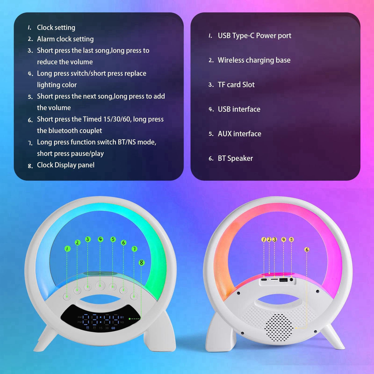 kzalzaci 5-in-1 Atmosphere LED Lamp Inteligent Night Light 15W Wireless Charger, Bluetooth Speaker, Alarm Clock Portable