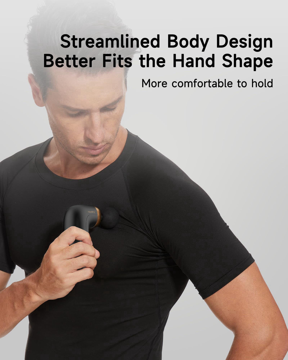 HEYCHY A1 Mini Massage Gun, Portable Deep Tissue Massager, Black – packaging and label