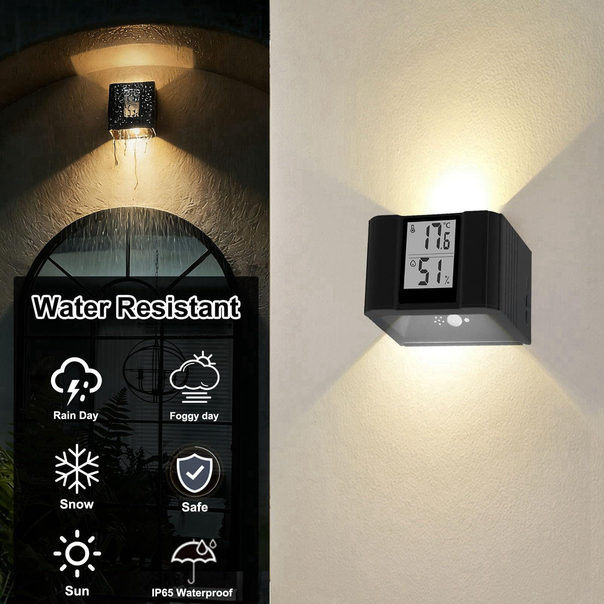Kingshowstar Motion-Activated LED Wall Sconce Outdoor Indoor Wall Lights with Real Time Temp & Humidity Display,3-Mode S