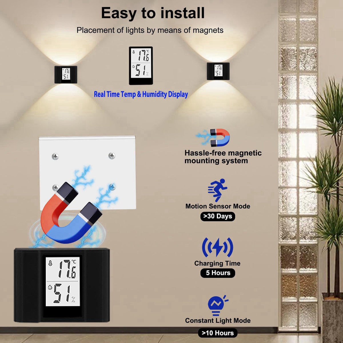 Kingshowstar Motion-Activated LED Wall Sconce Outdoor Indoor Wall Lights with Real Time Temp & Humidity Display,3-Mode S