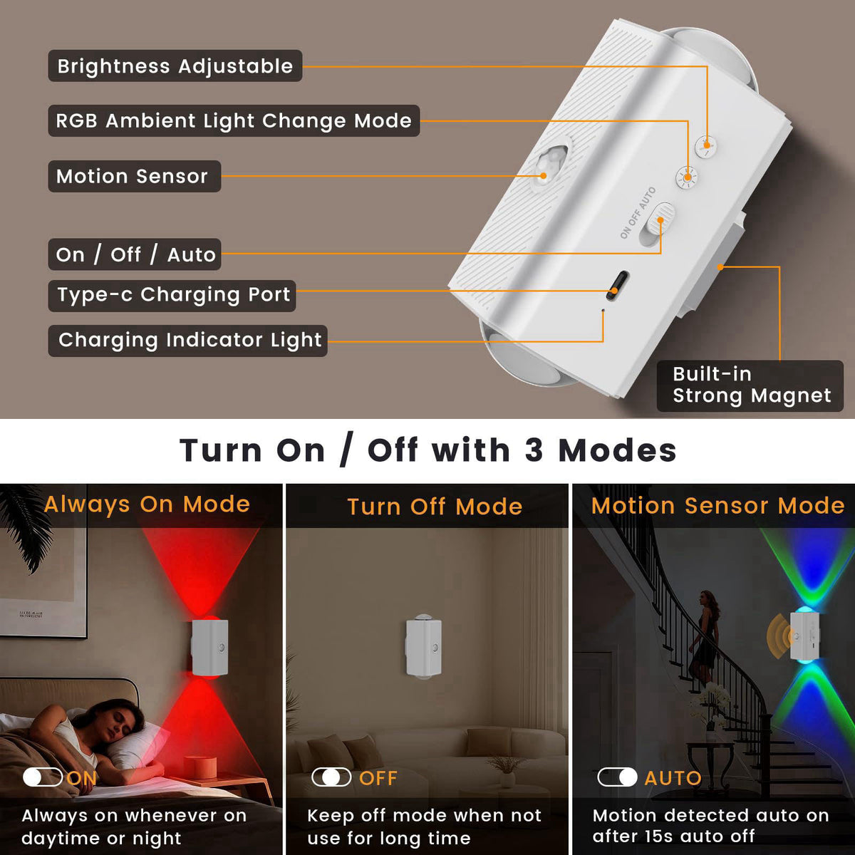 easuntec Motion Sensor Rechargeable Night Light Color Changing, 8 Colors Sunset Projector Lamp, Magnetic Stick-on Wirele