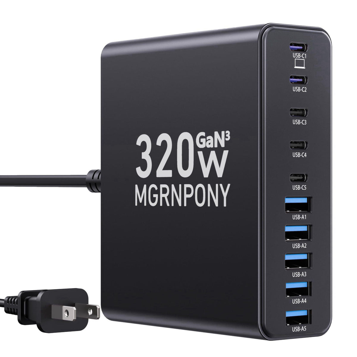 320W USB C Charger Block, MGRNPONY 10-Port GaN USB C Charging Station Black