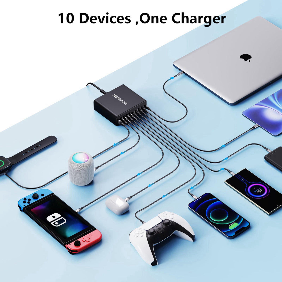 320W USB C Charger Block, MGRNPONY 10-Port GaN USB C Charging Station Black – full view