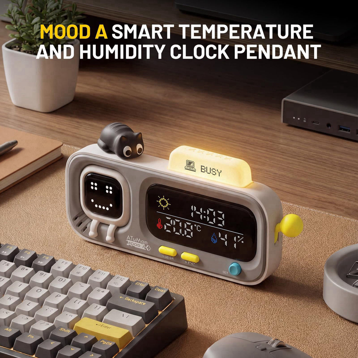 ATuMan Mooda Smart Thermometer Hygrometer Clock with Retro Pixel Display, Cute Animated Expressions, Temperature Humidit