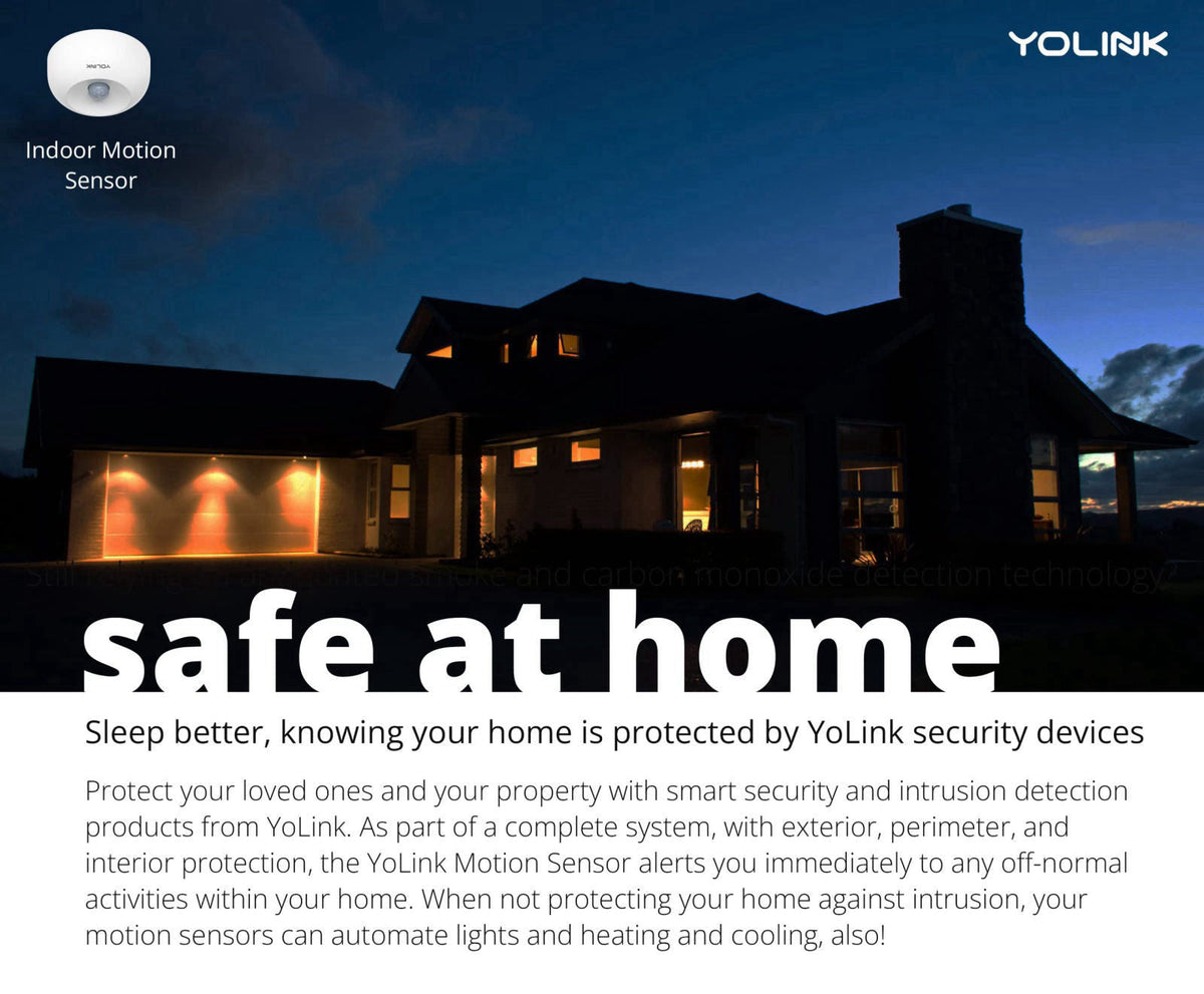 YoLink Indoor Motion Sensor Kit: 2-Pack + SpeakerHub – back view and specifications