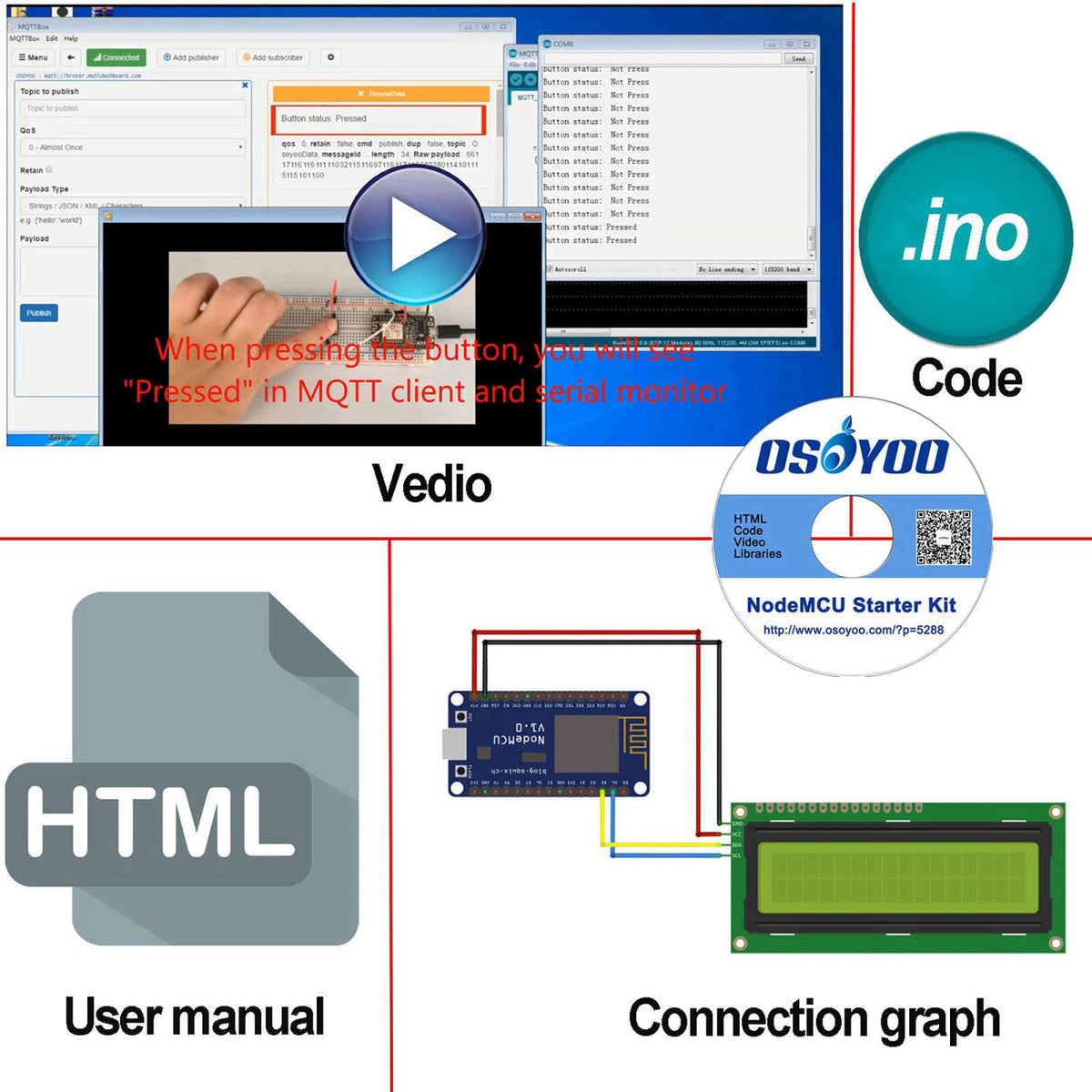 OSOYOO ESP8266 NodeMCU IOT Starter kit with ESP-12E Development Board Open Source Serial Module – alternate angle