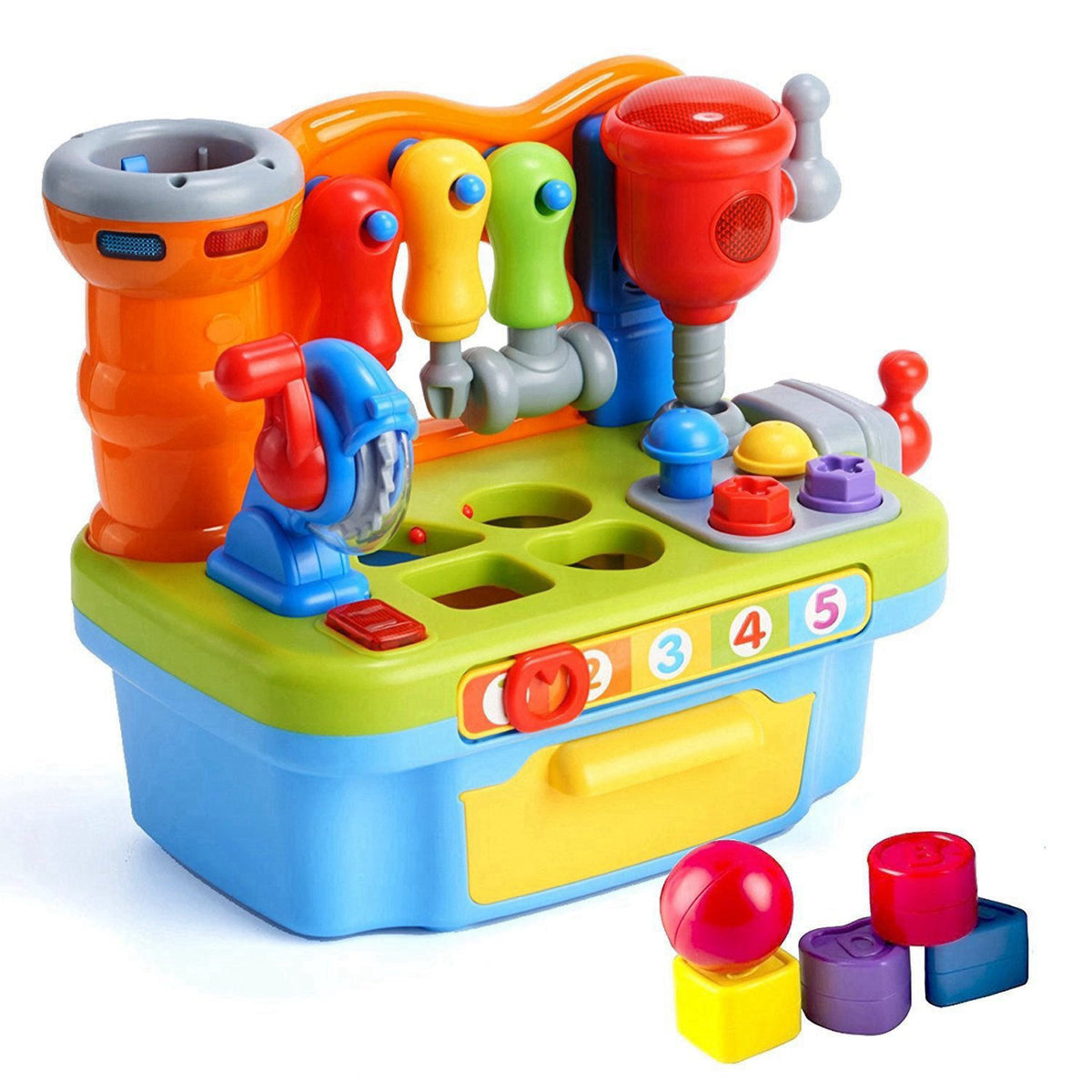 Woby Multifunctional Musical Learning Tool Workbench Toy Set for Kids with Shape Sorter Tools – back view and specificat