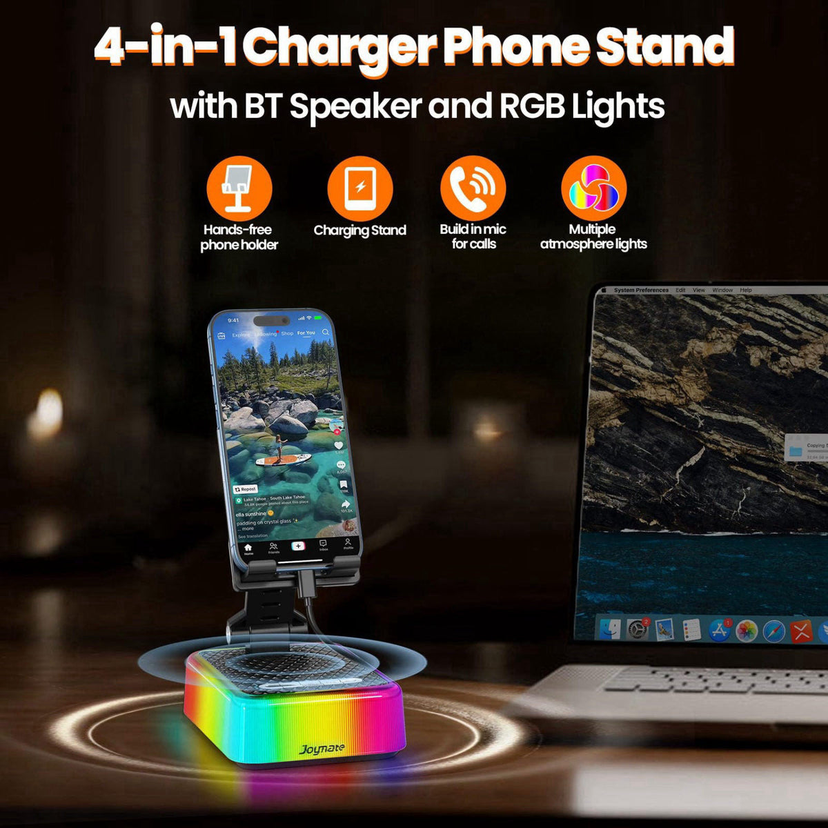 Joymate Gifts for Men and Women, Phone Stand with Charging Function, Bluetooth Speaker and RGB Lights, Birthday Gifts fo