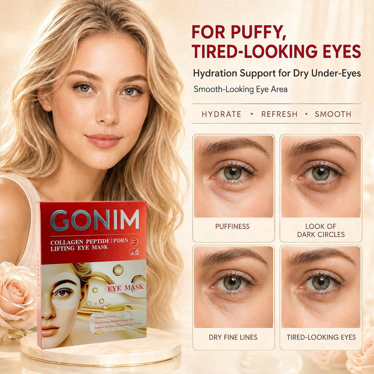 GONIM Under Eye Patches for Puffy Eyes and Dark Circles, Collagen, Eye Mask – packaging and label