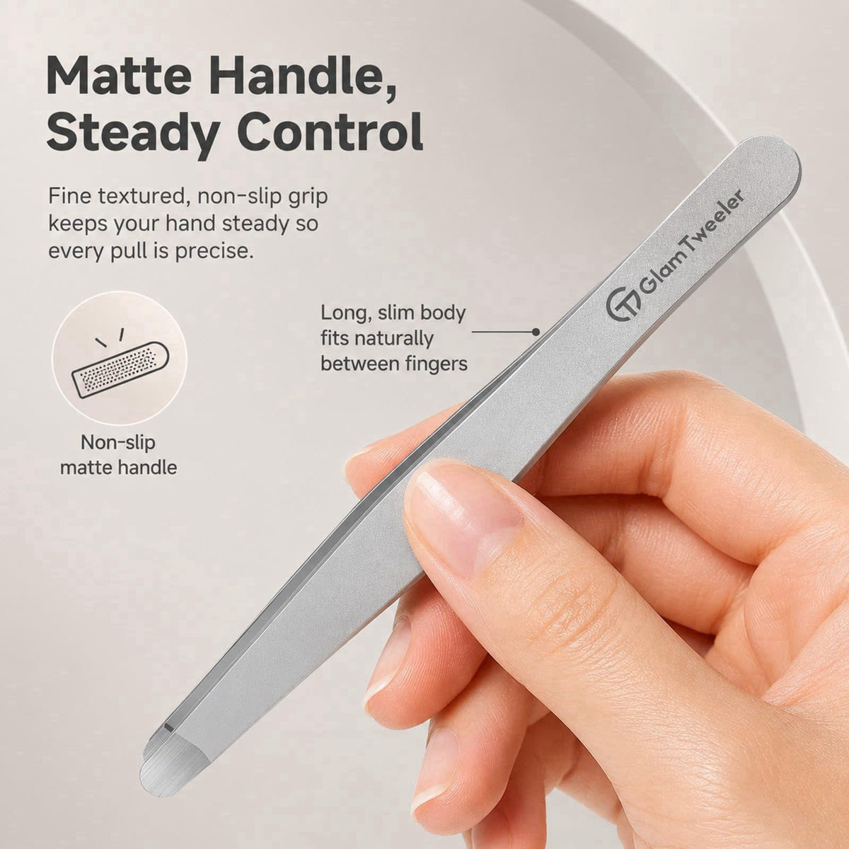 GlamTweeler Premium Hand-Made Tweezers with Safe Rounded Tip & Comfort Spring for Pain-Free Plucking, Thick Stainless St