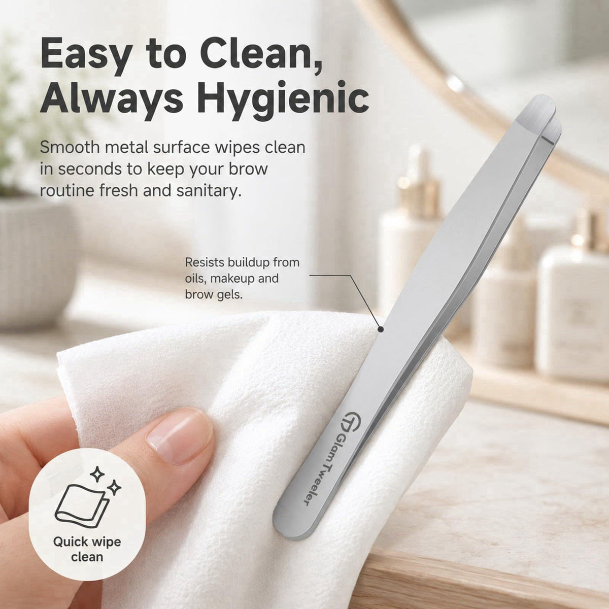 GlamTweeler Premium Hand-Made Tweezers with Safe Rounded Tip & Comfort Spring for Pain-Free Plucking, Thick Stainless St